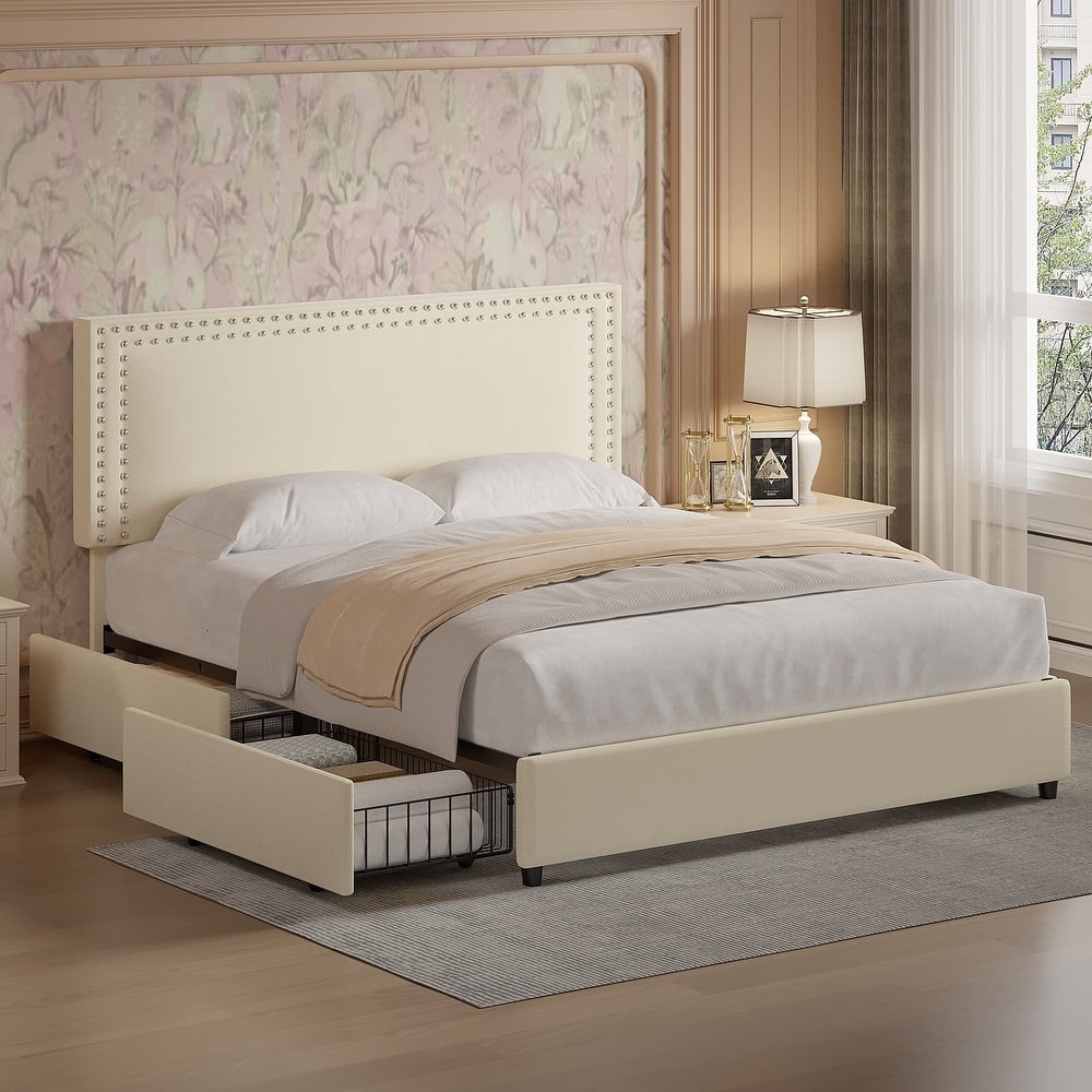 VECELO Upholstered Storage Bed Frames with 4 Storage Drawers Platform Bed Frame with Adjustable Velvet Rivets Headboard