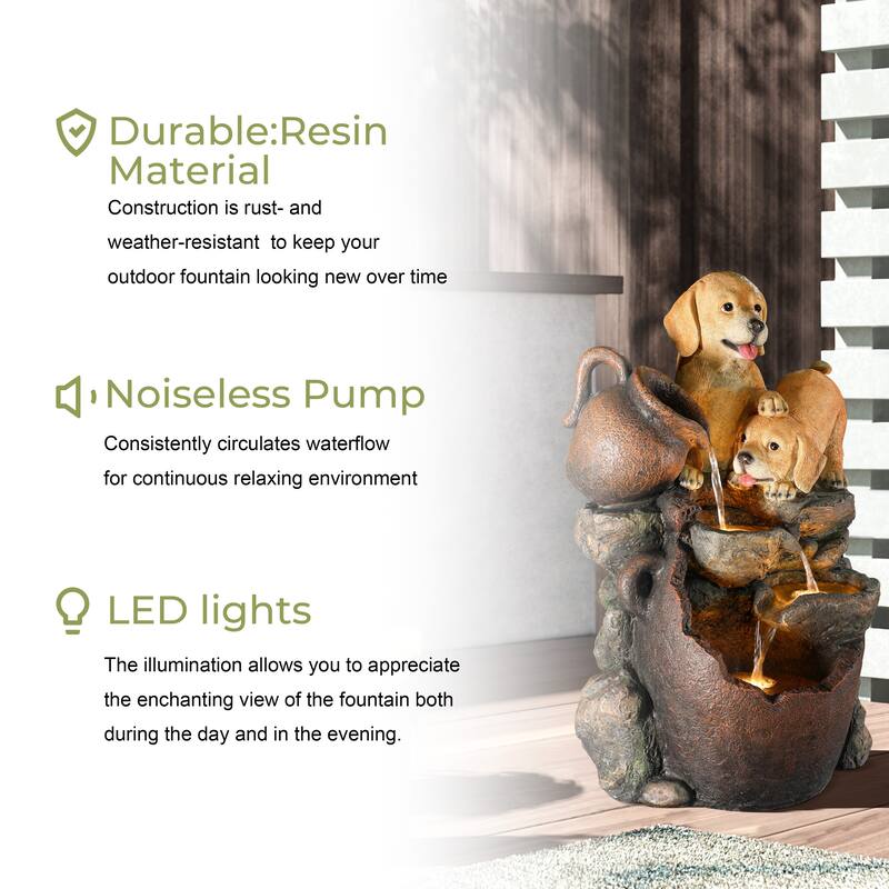 Puppy Friends Farmhouse Resin Outdoor Fountain with Lights