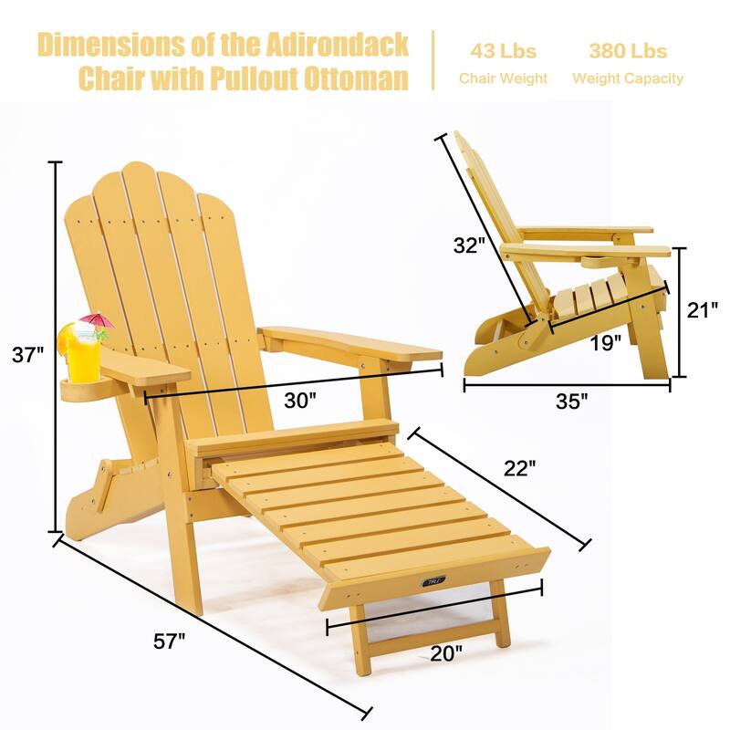 Folding Adirondack Chair with Pullout Ottoman with Cup Holder Bed