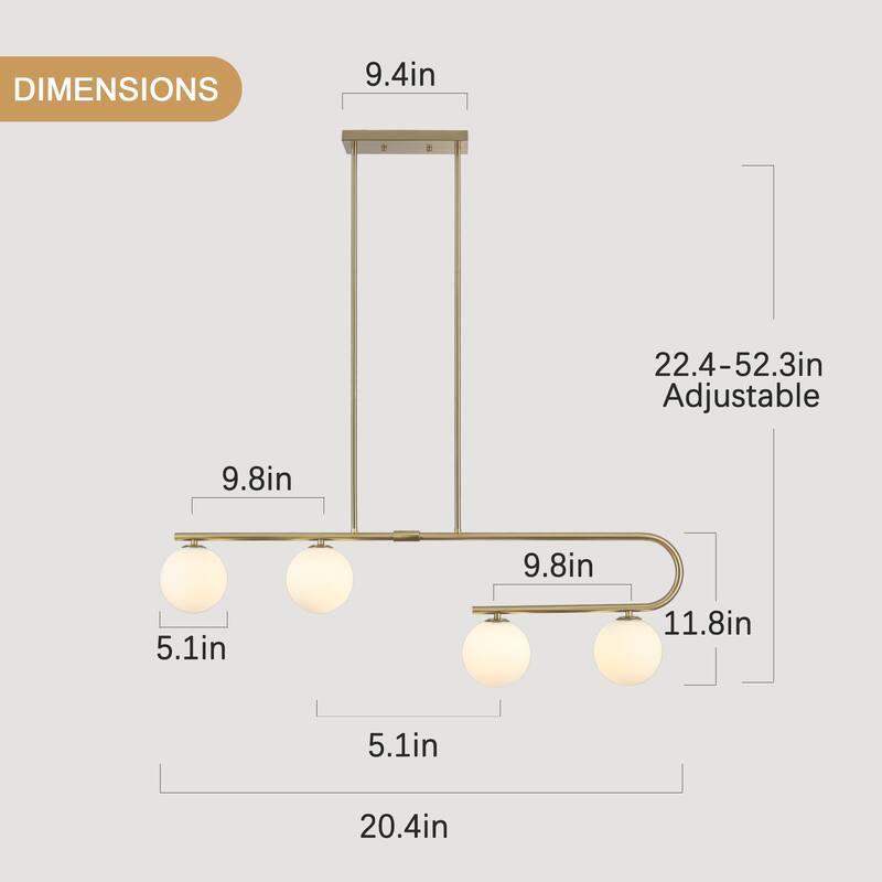 4-Light Modern Hanging Island Linear Chandelier Lighting Fixture with Glass Shade for Kitchen Foyer Dining Room