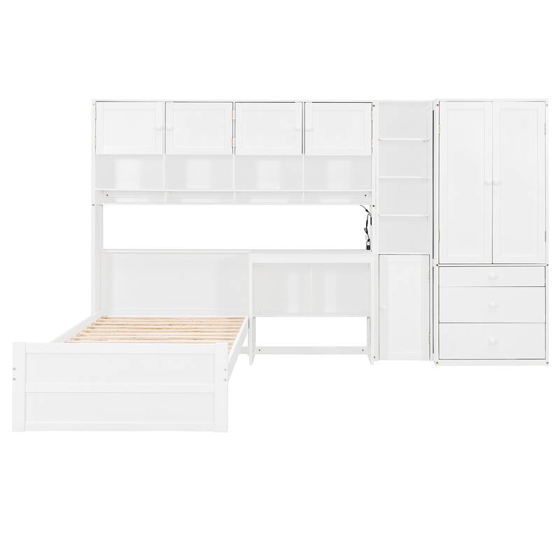 Twin Size Murphy Bed Cabinet Foldable Wall Bed Frame with Storage Wardrobes, Desk & Shelves, Wooden Hidden Platform Bed Chest