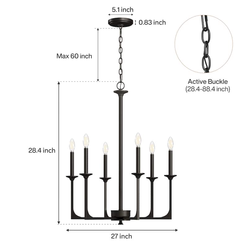 6-Light Matte Black Modern Chandelier with Adjustable Height