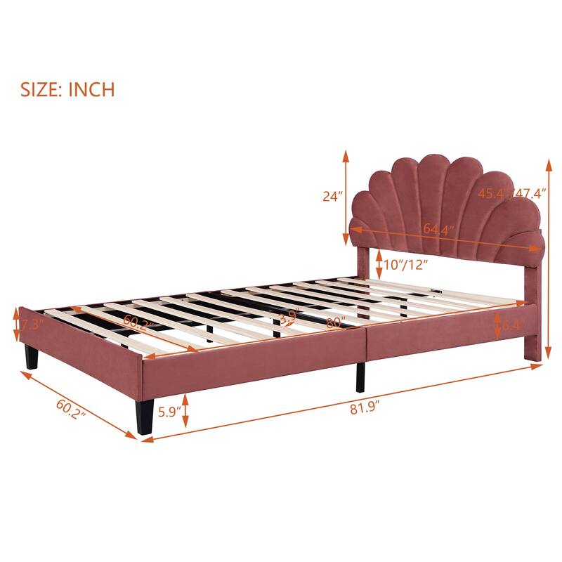 Upholstered Queen Size Platform Bed for Kids, Velvet Fabric Bedframe with Flower Pattern Velvet Headboard & 12 Wood Slat Support