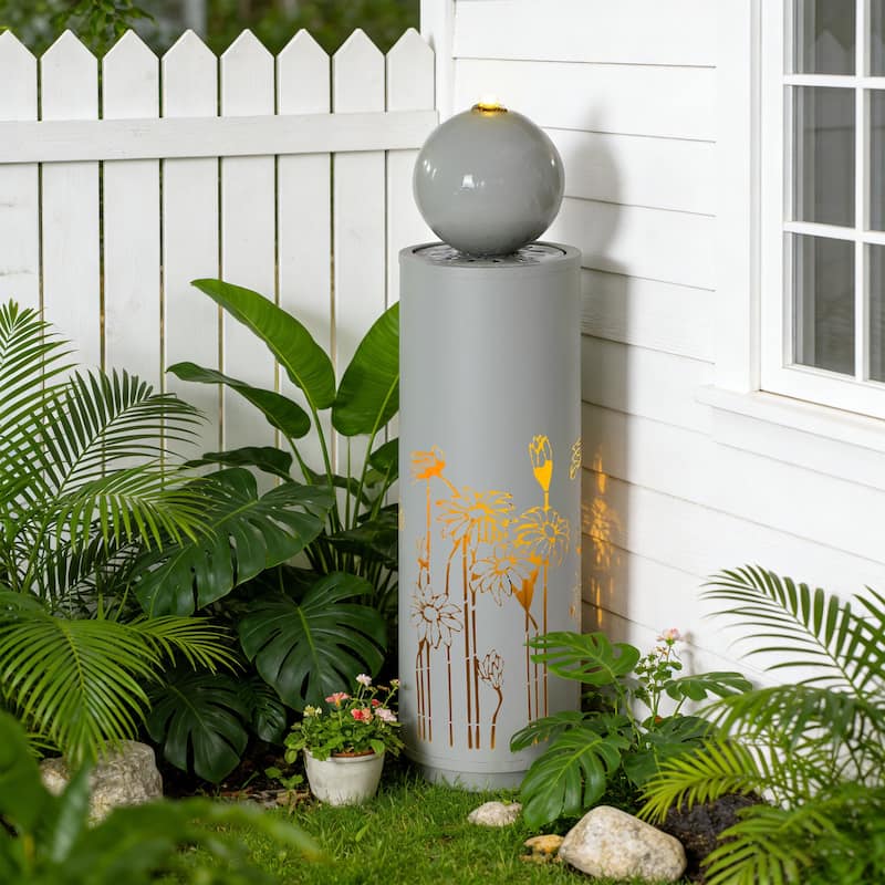 Christopher Knight Home - Modern 34.25"H Metal Sphere-Top Outdoor Water Fountain with LED Lights & Cutout Design - Grey