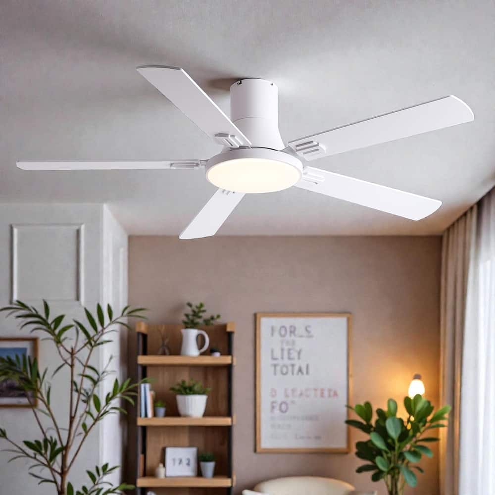 52 Inch Modern Minimalist Flush Mount Ceiling Fan with Light, Reversible DC Motor, Remote, Double-Sided Blades