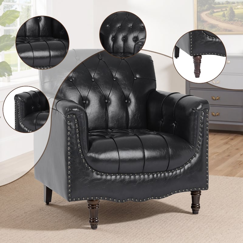 Set of 2 Tufted Vegan Leather Armchairs with Nailhead Trim and Wood Frame