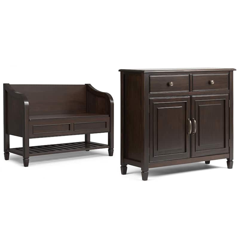 WYNDENHALL Hampshire Solid Wood 42 inch Wide Storage Bench with Shelf and 40 inch Wide Storage Cabinet in Dark Chestnut Brown