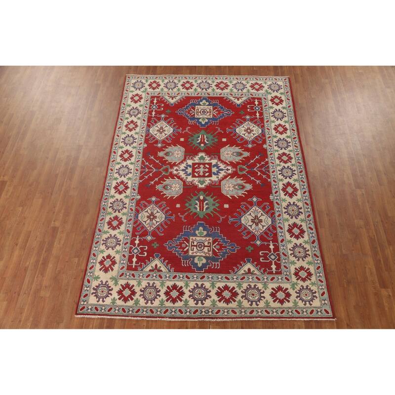 Red Geometric Kazak Area Rug Hand-Knotted Wool Carpet - 6'9" x 9'8"