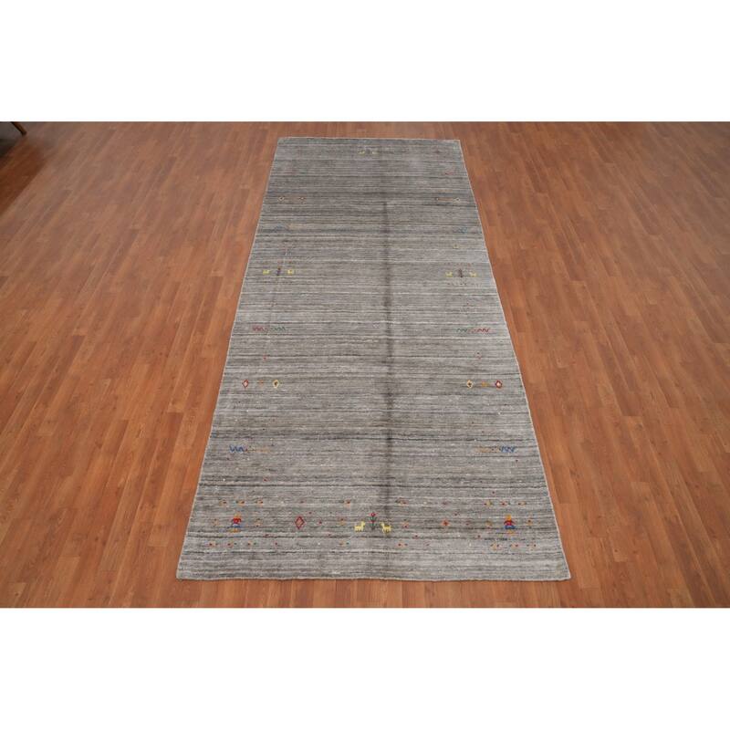 Hand Knotted Oriental Viscose Silk Carpet Tribal Animal Pictorial Greys & Charcoal Gabbeh Area Rug - 11' 8'' X 4' 10''