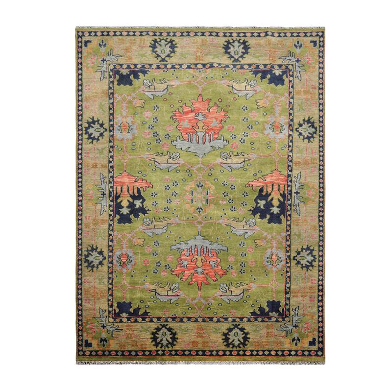 Hand Knotted Green Turkish Oushak Wool Traditional Oriental Rug