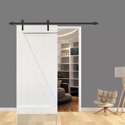 30 in x 84 in White Stained Z Bar Wood Barn Door w/ Sliding Hardware