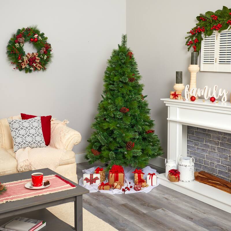 6ft. Mixed Pine Artificial Christmas Tree with Pine Cones, Berries and 350 Clear LED Lights - Elegant Holiday X-Mas Tree