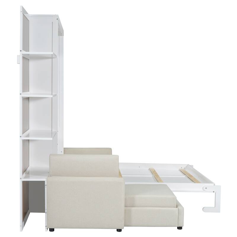 Linen L-shaped Sectional Sofa & Queen Size Foldable Wall Murphy Bed Set with Open Shelves for Guest Room or Living Space