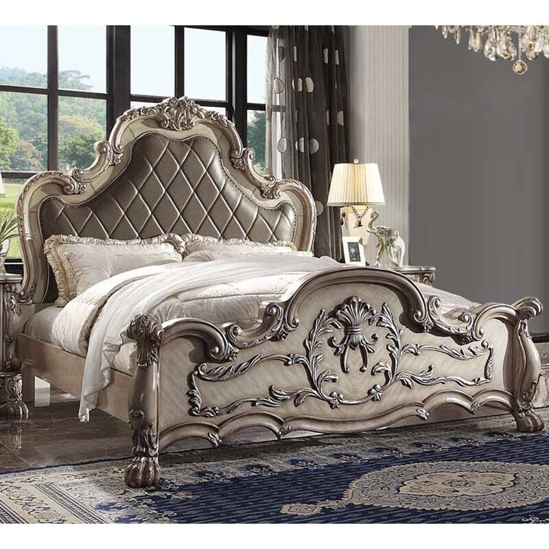 Faux Leather Eastern King Bed with Nailhead Trim in Vintage Bone White