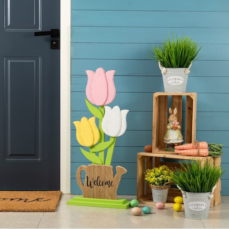 Glitzhome 30"H Easter Wooden Tulip Porch Decor Standing Signs for Front Door