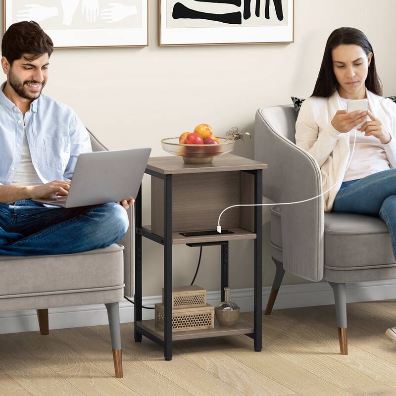 Costway 1/2 PCS Nightstand 3-Tier End Table with Charging Station USB