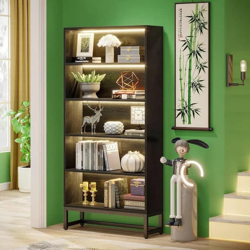 5-Tier Tall Bookshelf with LED Lights Adjustable Shelves Heavy Duty Metal Frame for Home Office Library Storage