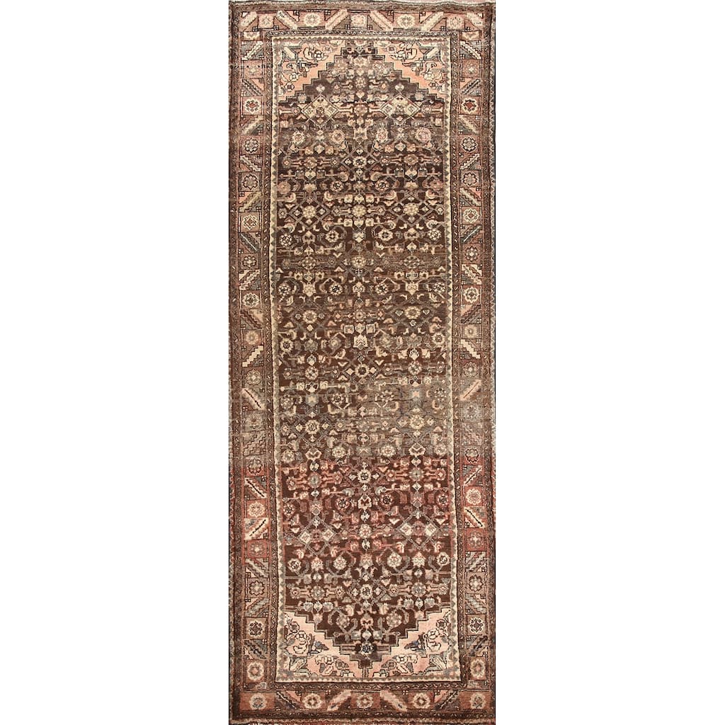 Hand Knotted Oriental 100% Wool Carpet Traditional Geometric Brown Malayer Runner Rug - 10' 2'' X 3' 3''