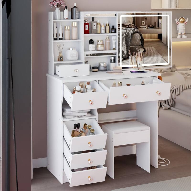 37" Middle Size Left Drawer Desktop Vanity Table + Cushioned Stool Dresser Set, Large Touch Control LED Sliding Mirror