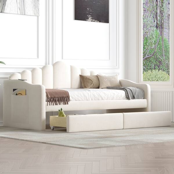 slide 2 of 11, Twin Size Upholstered Daybed with Roll-out Trundle Drawers and USB Charging Ports, Velvet Sofabed Frame for Living Room, Beige Beige - Twin