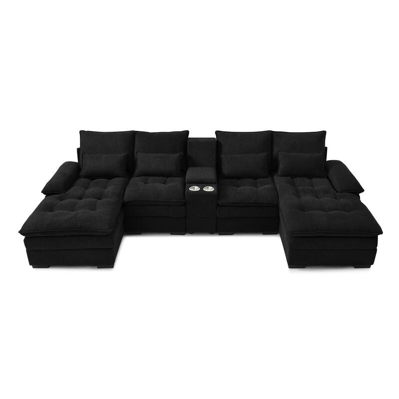 U-shaped Sectional Sofa with Chaise, Built-in Storage Console and Cup Holders, Linen Double-Layer Cushioning Lounge Couch