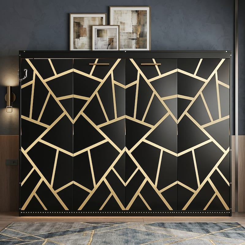 SideFold Murphy Bed with Geometric Art Panels, USB Power Hub & LED Glow by Harper&Bright Designs