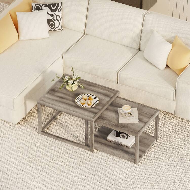 Grey MDF Rubber Wood 2-Piece Nesting Coffee Tables with Farmhouse Design - 27.5" x 23.5" x 18"