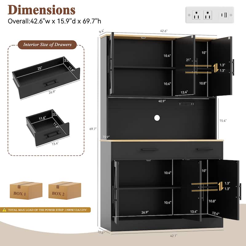 Kitchen Pantry Storage Cabinet with Outlets & USB Ports - N/A