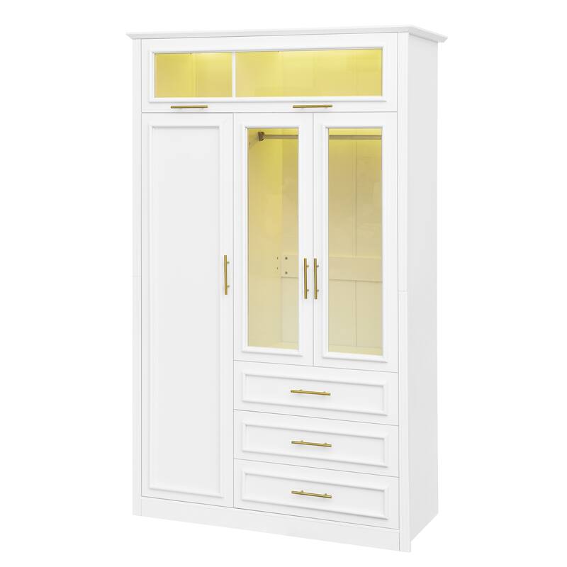 3 Door Wardrobe Built-in LED Light Clothes Storage Cabinet / 3 Drawers White Armoire Closet