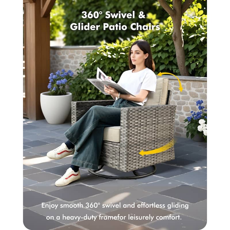 OVIOS 10 Pieces Outdoor Swivel Chair Set with Solar-Powered Table & 54" Fire Table