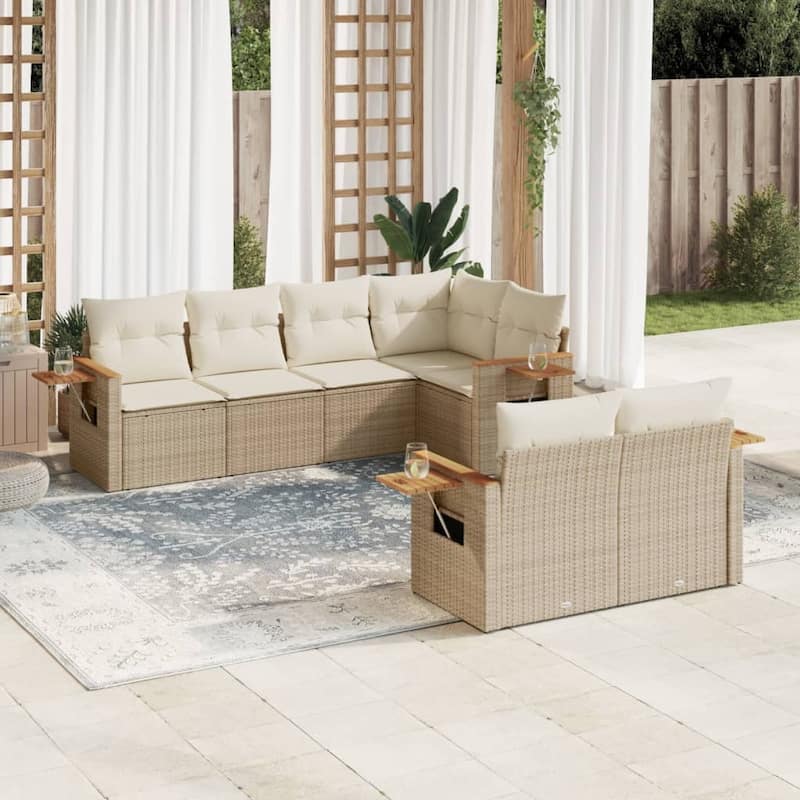 vidaXL Patio Sofa Set with Cushions Outdoor Furniture 7 Piece Poly Rattan - 24.4 x 33.5 x 27.2 in - Beige and cream