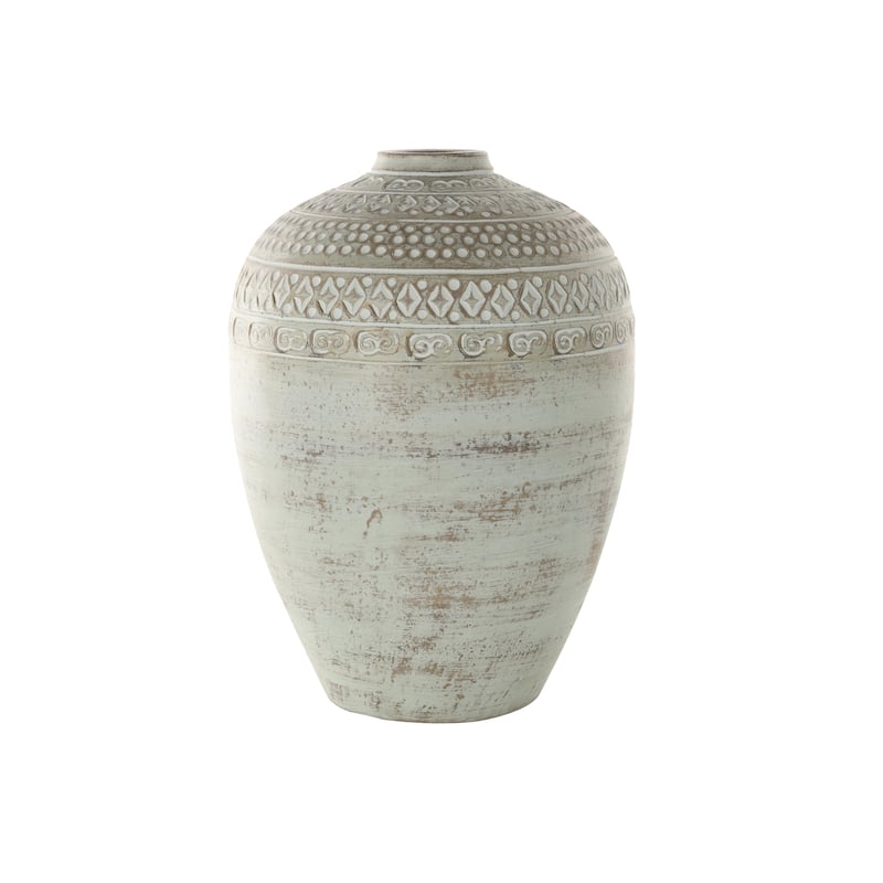 Ceramic Handmade Antique Style Decorative Vase with Geometric Tribal Carvings - Green - Roche River Decor - Green