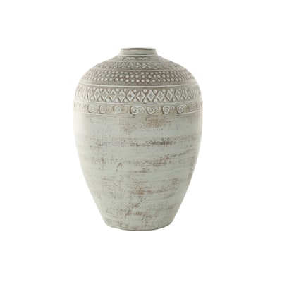 Ceramic Handmade Antique Style Decorative Vase with Geometric Tribal Carvings - Green - Roche River Decor
