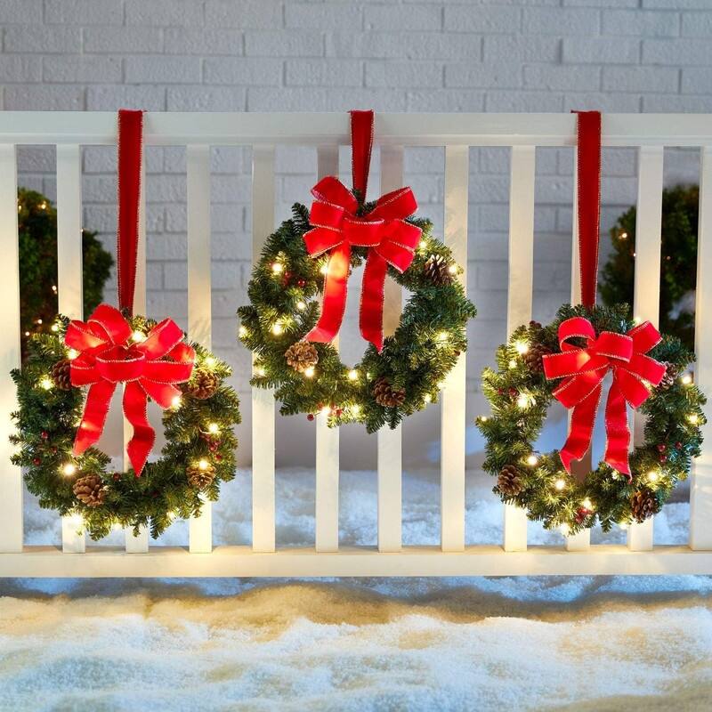 19" Christmas Wreath with LED Lights with Ribbon, 3 Pcs Christmas Wreaths for Front Door