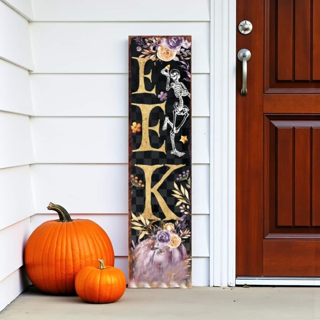 HomeRoots 36" Black Gold And Purple Solid Wood Eek Halloween Skeleton Porch Sign
