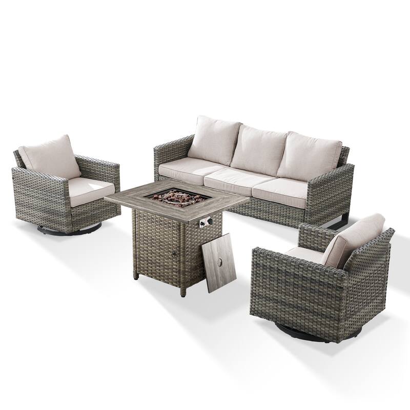 4 Pieces Fire Pit Table with Sofa Swivel Chair Set