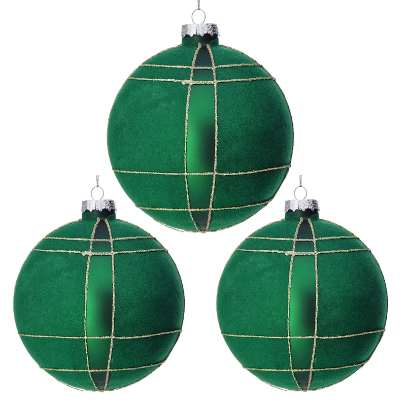 4" Glass Flocked Plaid Ball Ornament Set of 3