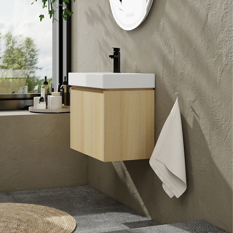 24 in. W x 14 in. D x 21 in. H Single Sink Wall Mounted Bath Vanity with White Ceramic Top - 24" x 14"