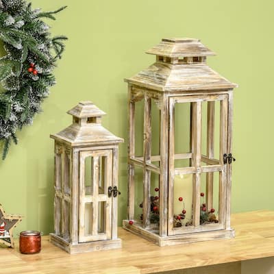HOMCOM 2 Pack 28"/20" Large Rustic Wooden Lantern Decorative, Indoor/Outdoor Lantern for Home Décor, Natural