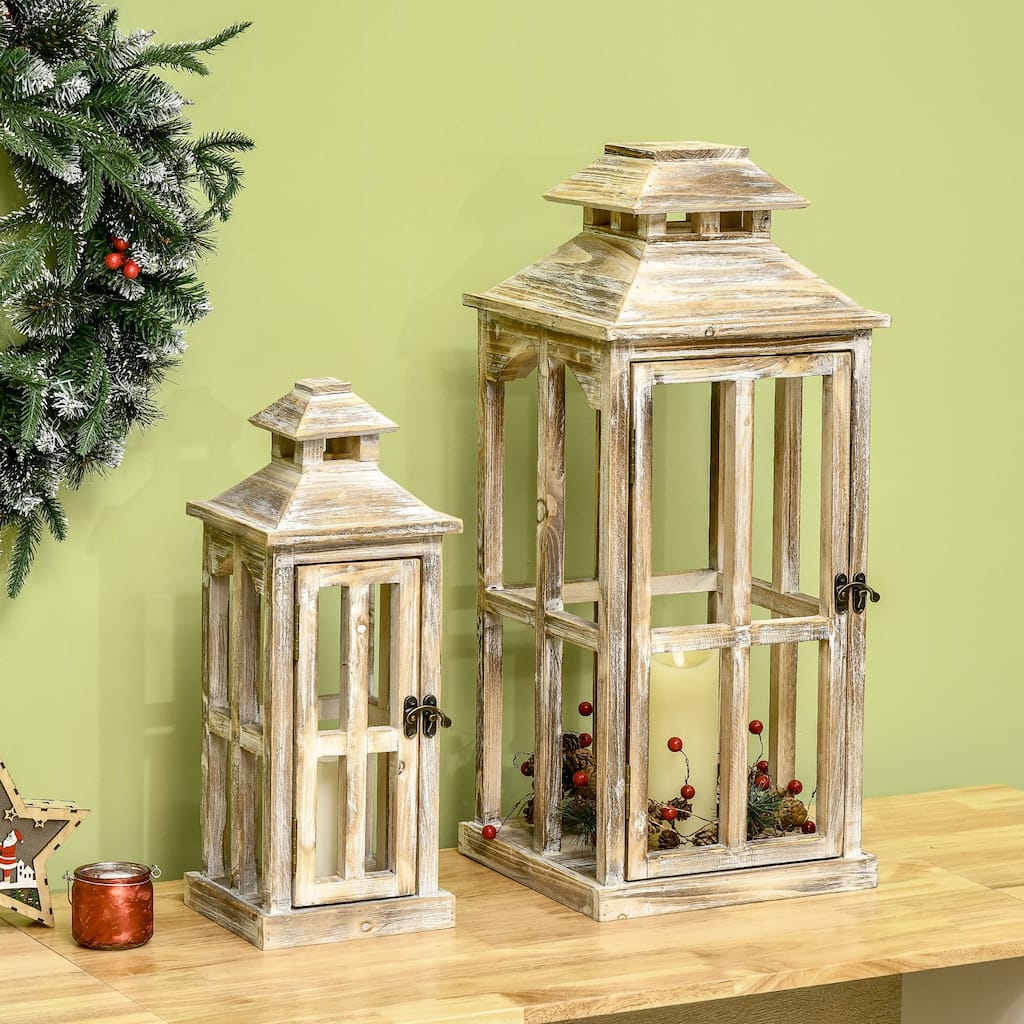 HOMCOM 2 Pack 28"/20" Large Rustic Wooden Lantern Decorative, Indoor/Outdoor Lantern for Home Décor, Natural