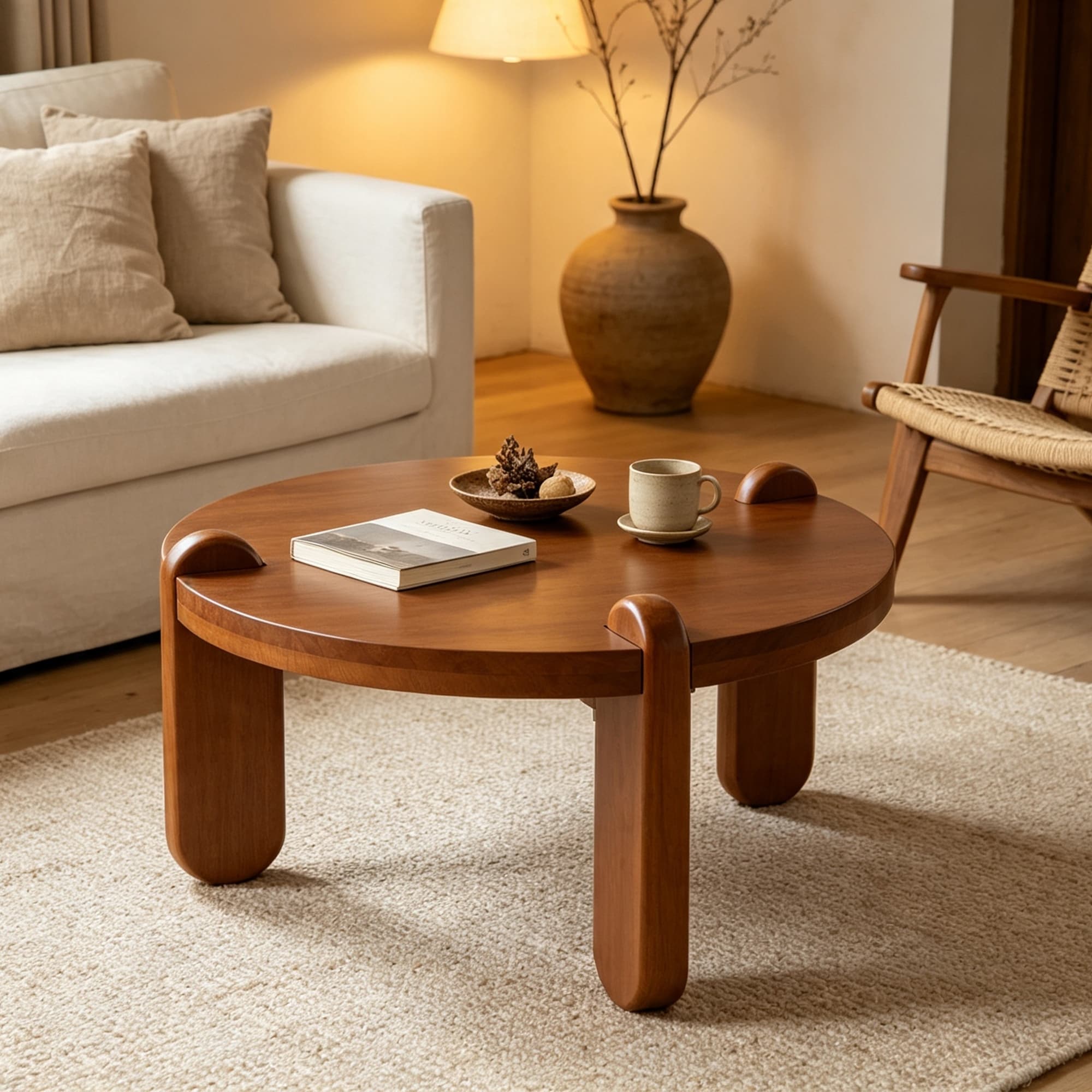 27.5" Round Wooden Coffee Table, 3-Leg Side Table with Rounded Corners, Natural Wood Grain Accent Table for Living Room