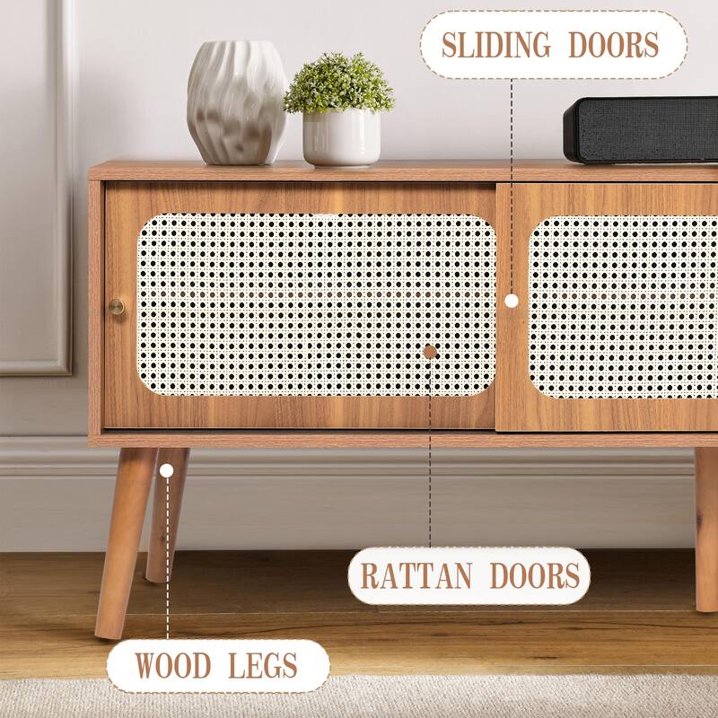 62.9"W Mid-Century TV Stand with Sliding Doors & Drawers, Entertainment Center TV Console Table with Rattan Doors, For 70"TV