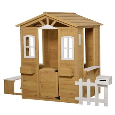 Natural and White Wooden Kids Outdoor Playhouse with Fence Mailbox Flowerpot Holders and Bench for Ages 3 to 8