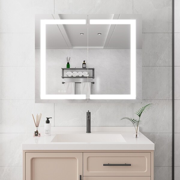 36 x 30 inch Medicine Cabinet with LED Vanity Mirror Anti Fog Recessed or Surface Mount Waterproof Dimmable Aluminum 3000K 6000K Lighted Double