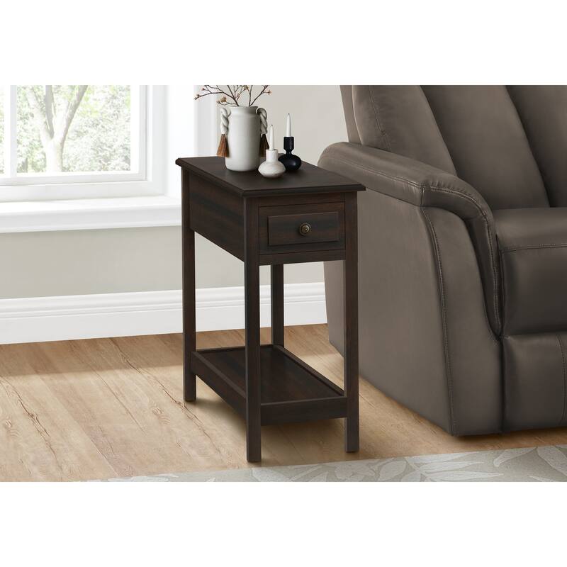 Transitional 2 Tier Accent Table with Storage Drawer, Narrow End/Side Table, Nightstand for Bedroom, Brown Veneer