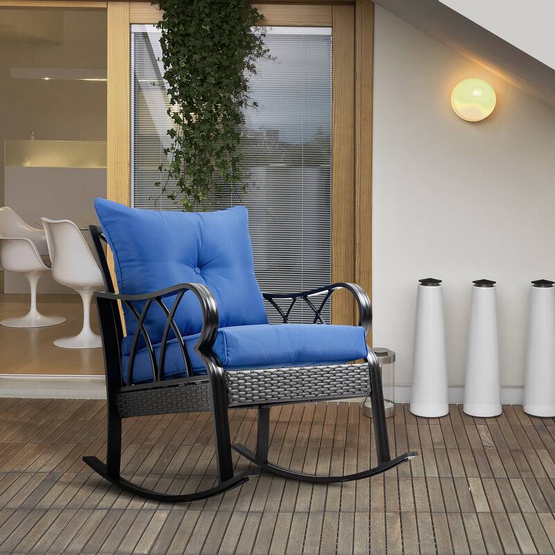 Outdoor Wicker Rocking Chair with Padded Cushions, Aluminum Furniture Rattan Porch Rocker Chair w/ Armrest