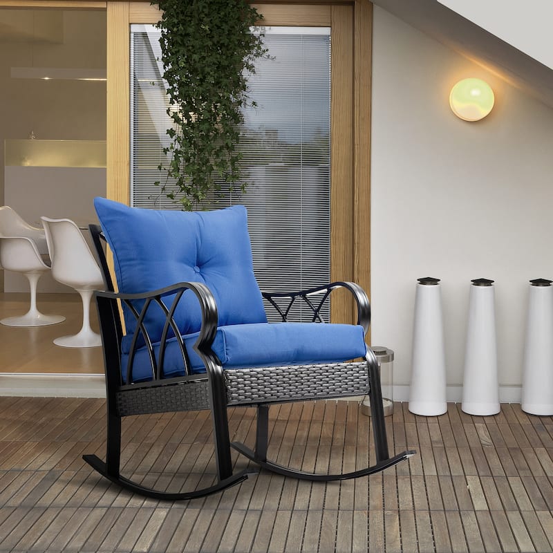 Outdoor Wicker Rocking Chair with Padded Cushions, Aluminum Rattan Porch Rocker Chair with Armrest for Garden, Patio