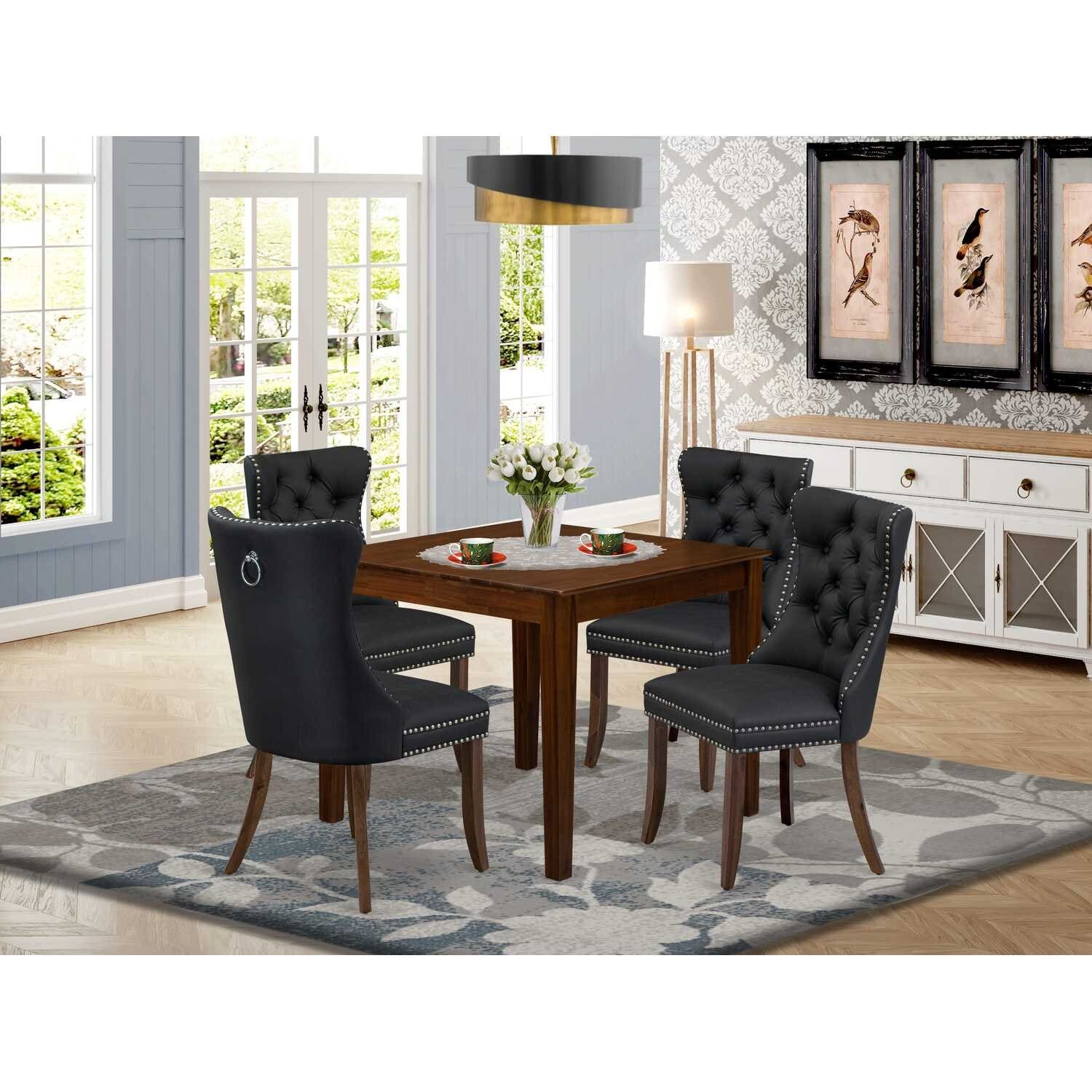 HomeStock 5-Piece Antique Walnut Finish Solid Wood Top - Square Upholstered Dining Room Set - Seats 4