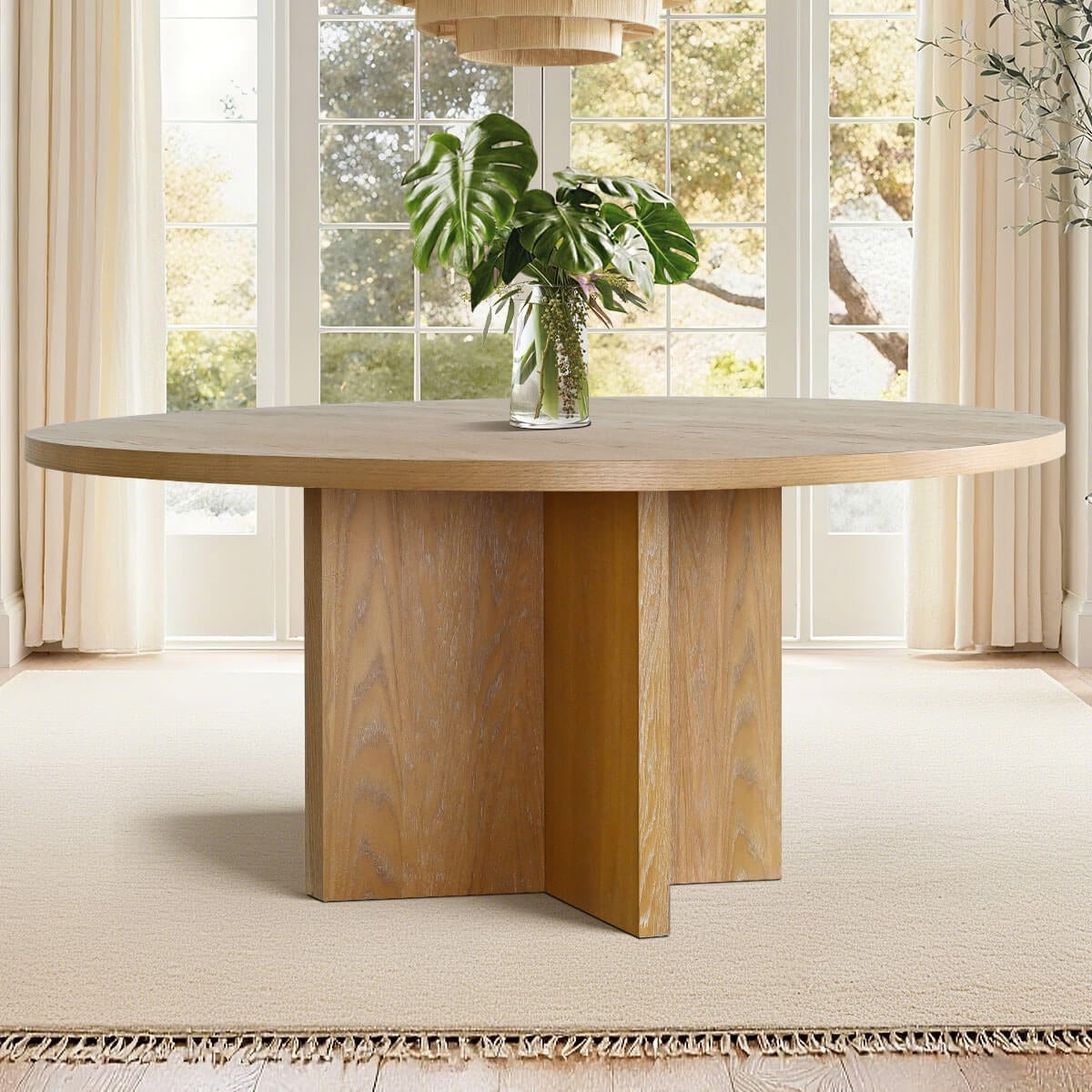 60" Round White Oak Veneer Pedestal Dining Table