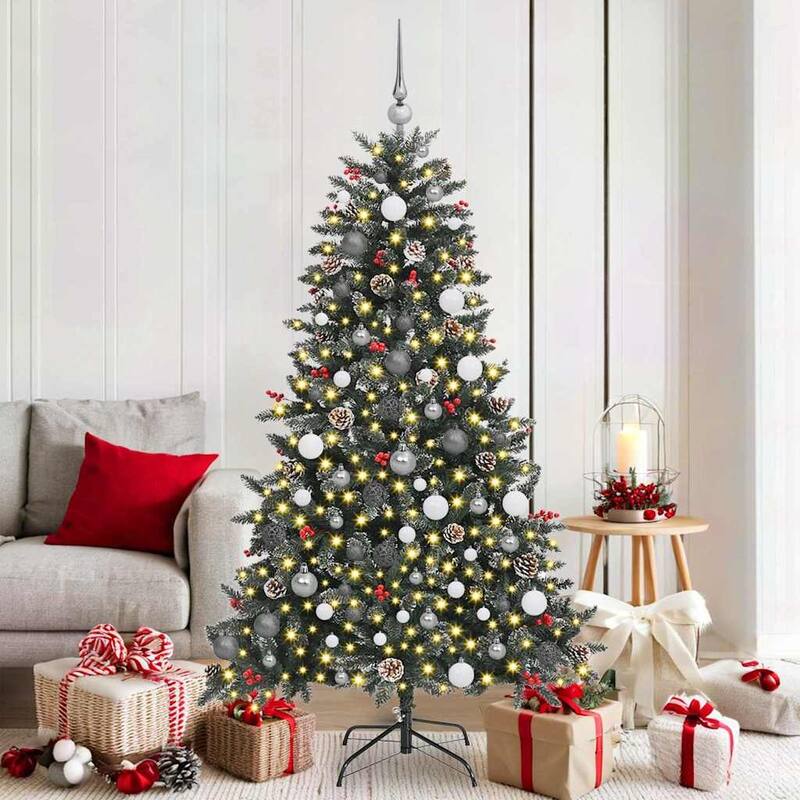 vidaXL Artificial Christmas Tree Green PVC - Green with LEDs and white/grey balls - 6 Foot